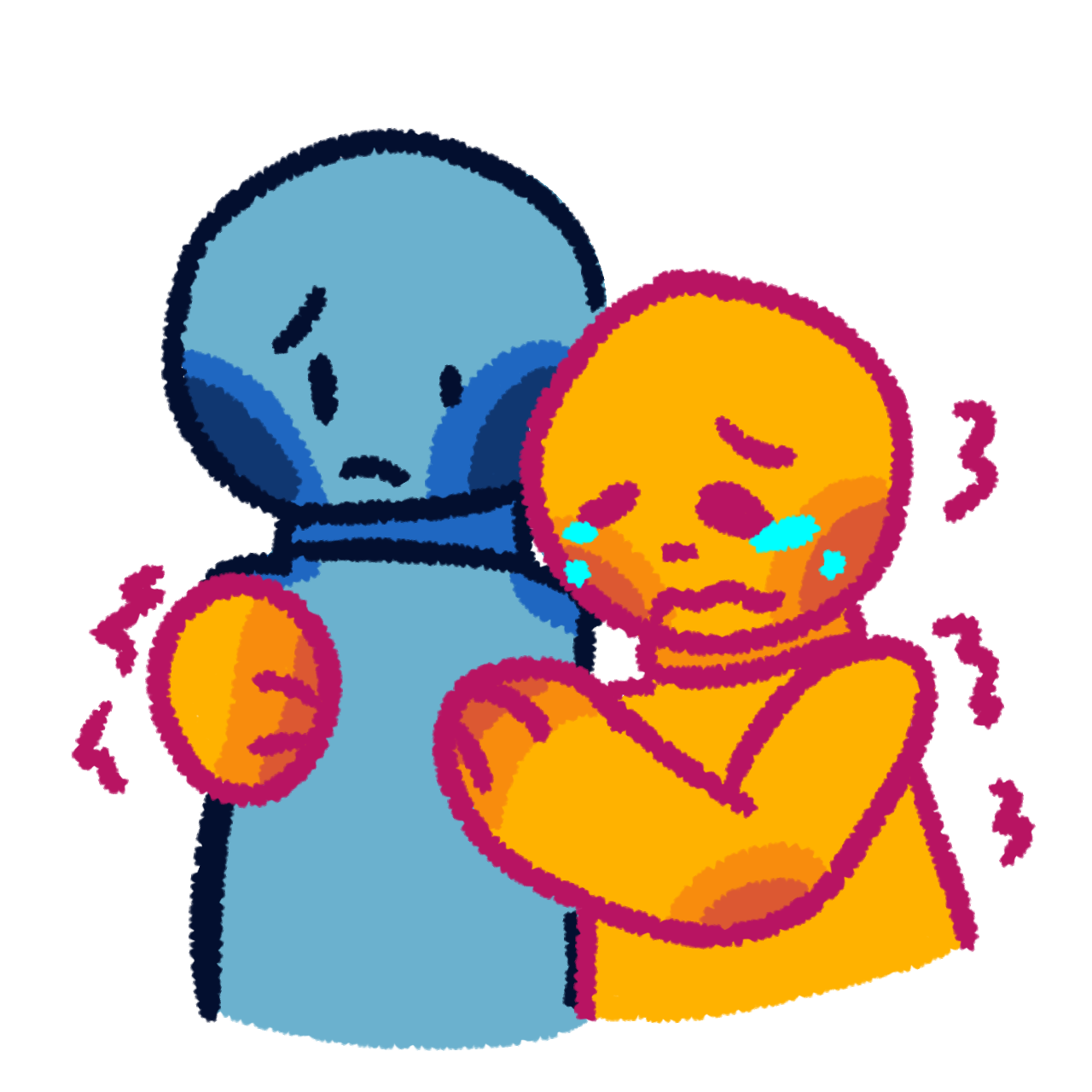 a yellow crying and shaking person hugging and holding onto a blue concerned person